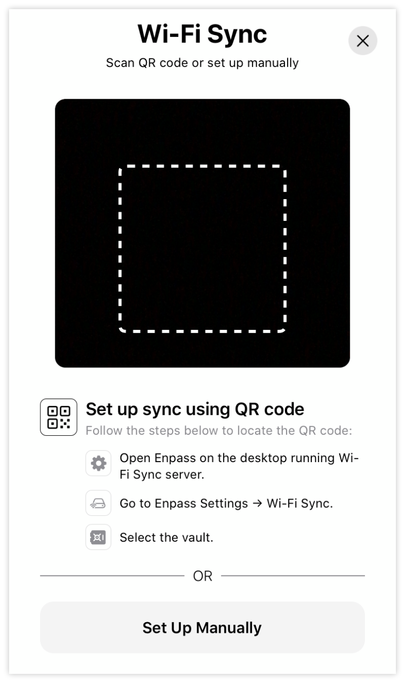 移动设备通过扫码连接 Wi-Fi Sync Server
